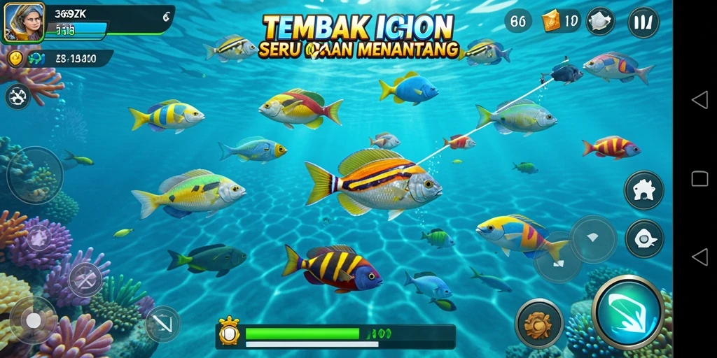 Tampilan gameplay seru dalam 369ZK, menembak ikan dengan grafis menawan.