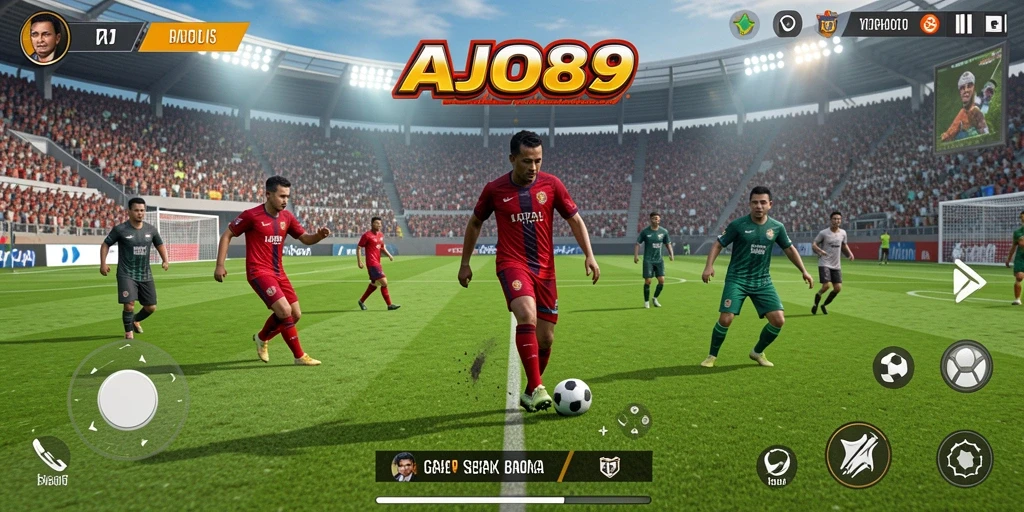Screenshot utama AJO89 yang memperlihatkan aksi seru dalam permainan sepak bola.