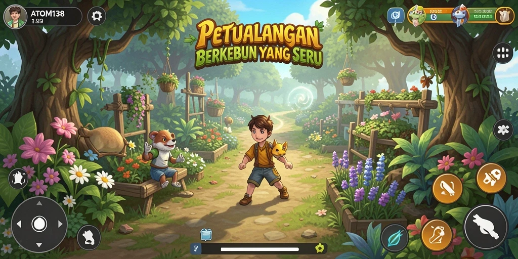 Tangkapan layar gameplay ATOM138 yang menunjukkan aktivitas berkebun seru.