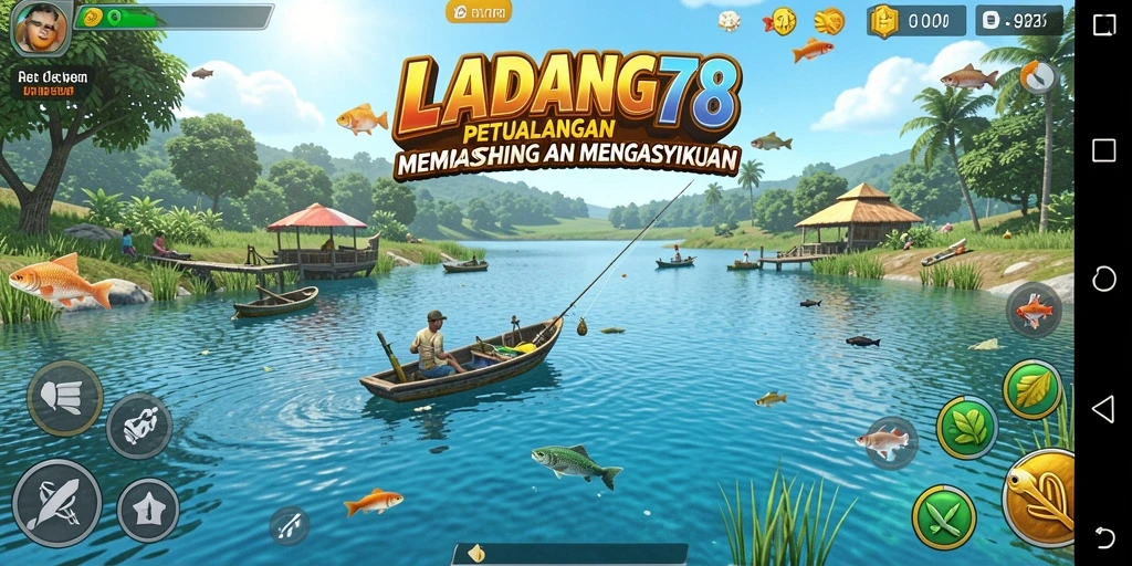 Screenshot utama LADANG78 menampilkan pemain yang memancing di laut tropis.