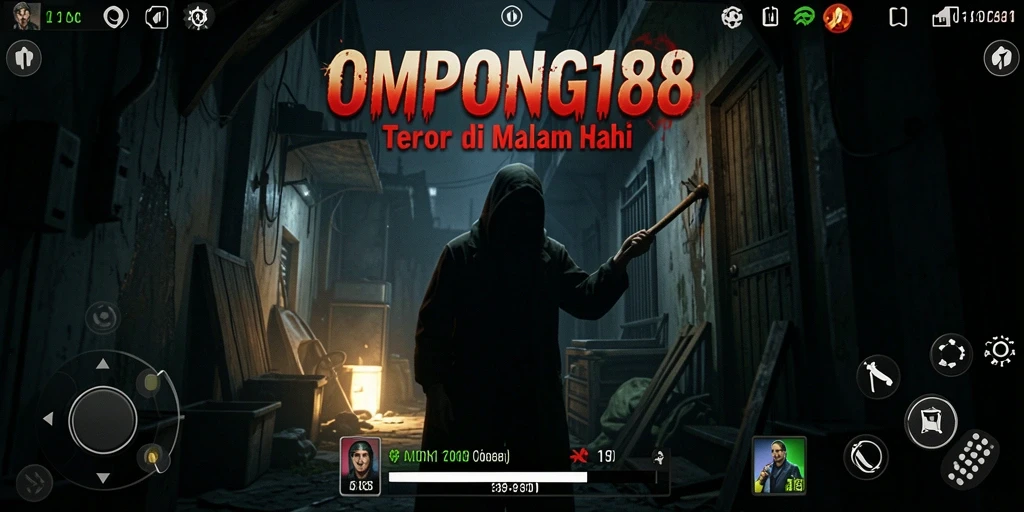Screenshot menampilkan gameplay OMPONG188 dengan suasana horor mencekam.
