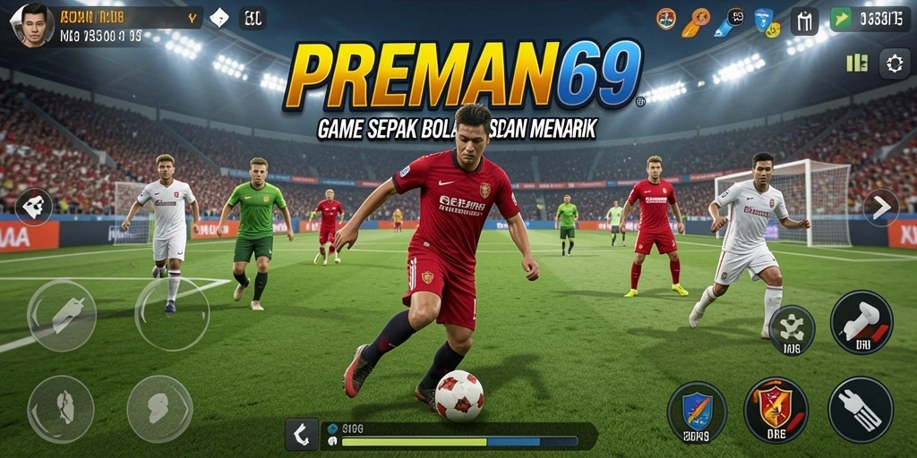 Tangkapan layar gameplay PREMAN69 menampilkan aksi sepak bola yang seru.