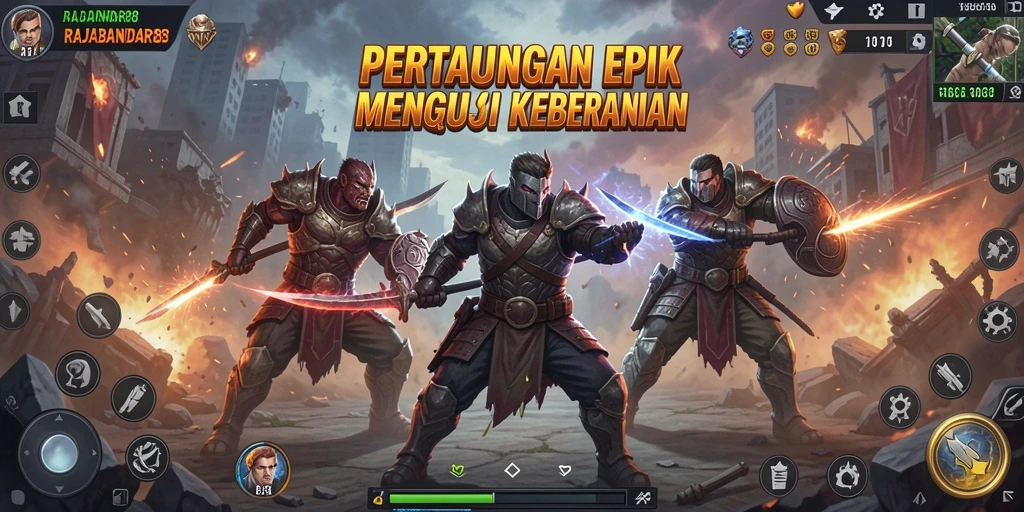 Screenshot utama RAJABANDAR88 menampilkan pertarungan seru antar karakter.